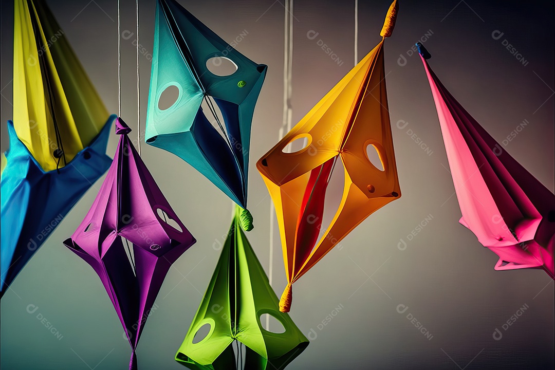 Papagaios de balão coloridos pendurados em uma corda para decorações e decoração de festas.