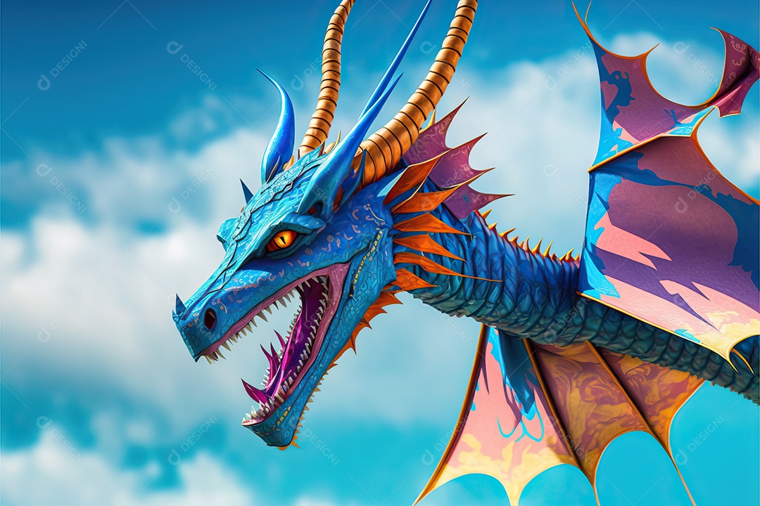 Pipa-dragão voando no céu azul entre nuvens em conceito para o festival internacional de pipas.