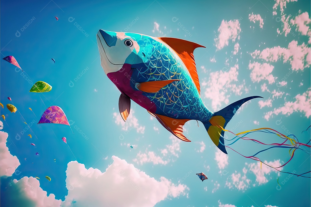 Pipa em forma de peixe voando no céu azul entre nuvens em conceito para o Festival Internacional de Pipas.