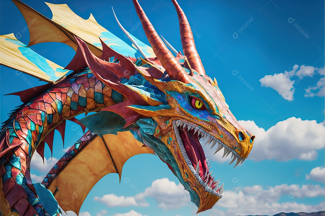 Pipa-dragão voando no céu azul entre nuvens em conceito para o festival internacional de pipas.