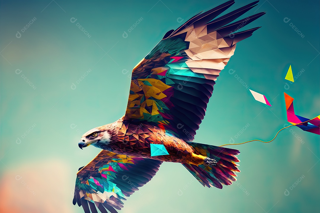 Uma pipa águia voando no céu azul entre nuvens em conceito para o festival internacional de pipas.