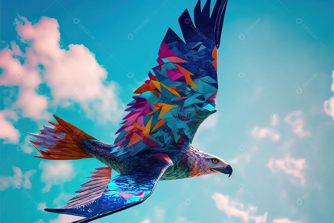 Uma pipa águia voando no céu azul entre nuvens em conceito para o festival internacional de pipas.