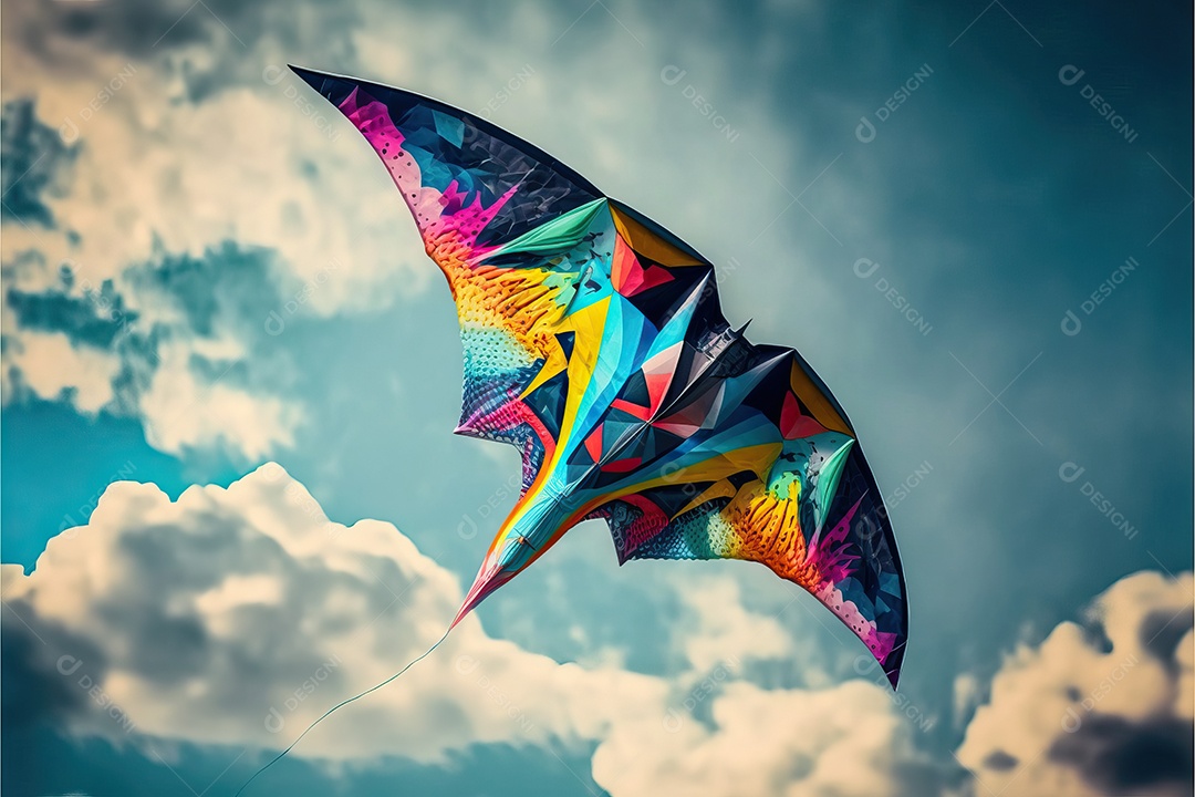 Pipa em forma de morcego voando no céu azul entre as nuvens em conceito para o Festival Internacional de Pipas.