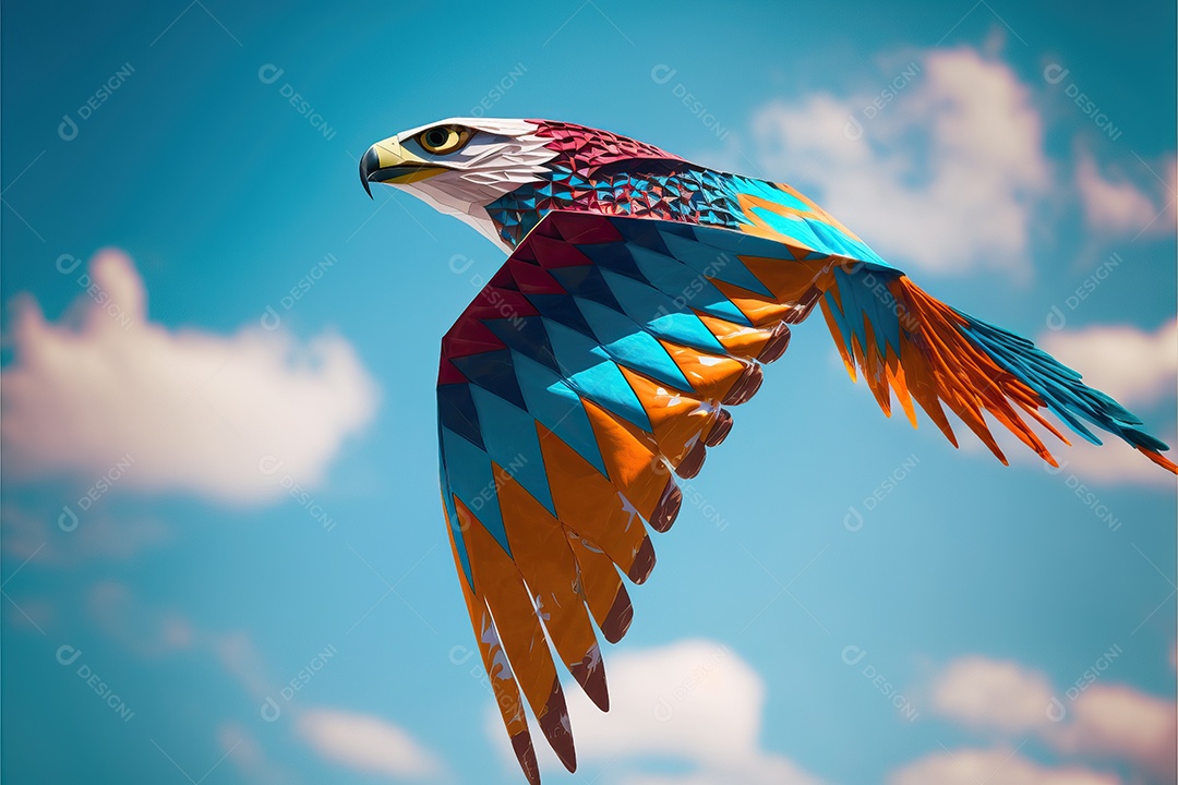 Uma pipa águia voando no céu azul entre nuvens em conceito para o festival internacional de pipas.