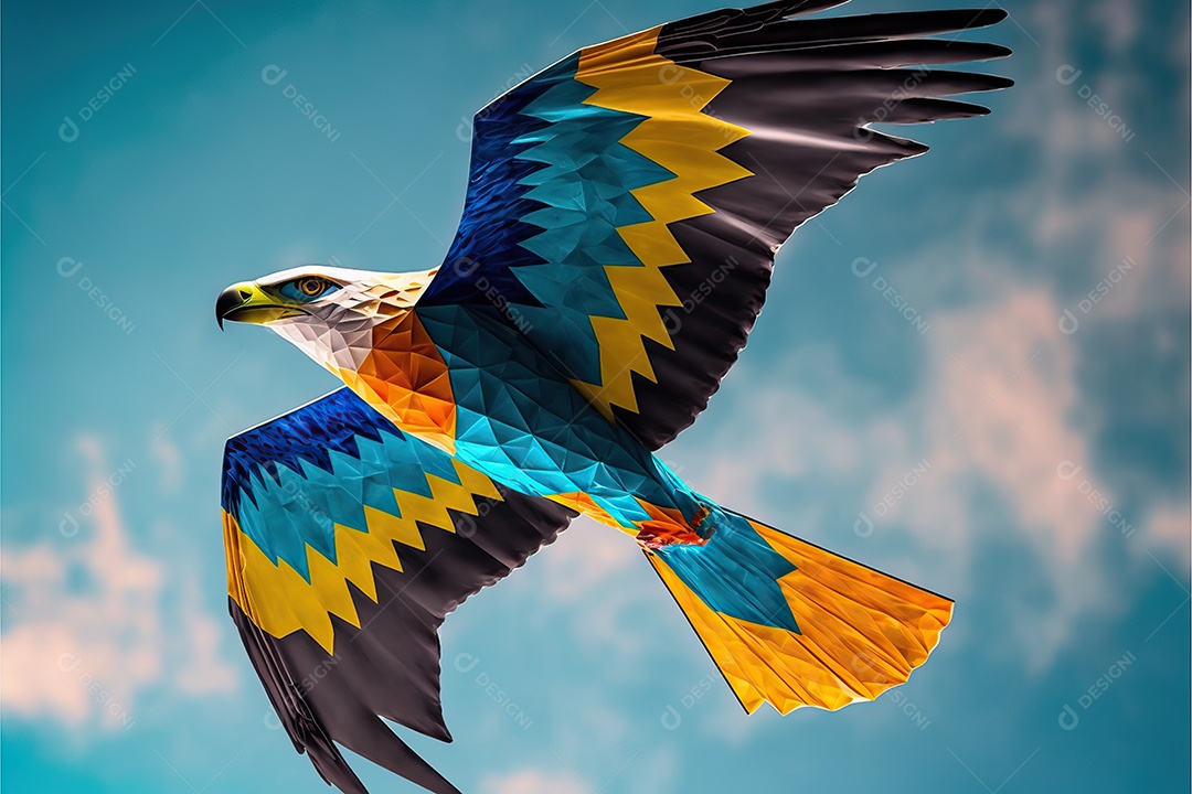 Uma pipa águia voando no céu azul entre nuvens em conceito para o festival internacional de pipas.