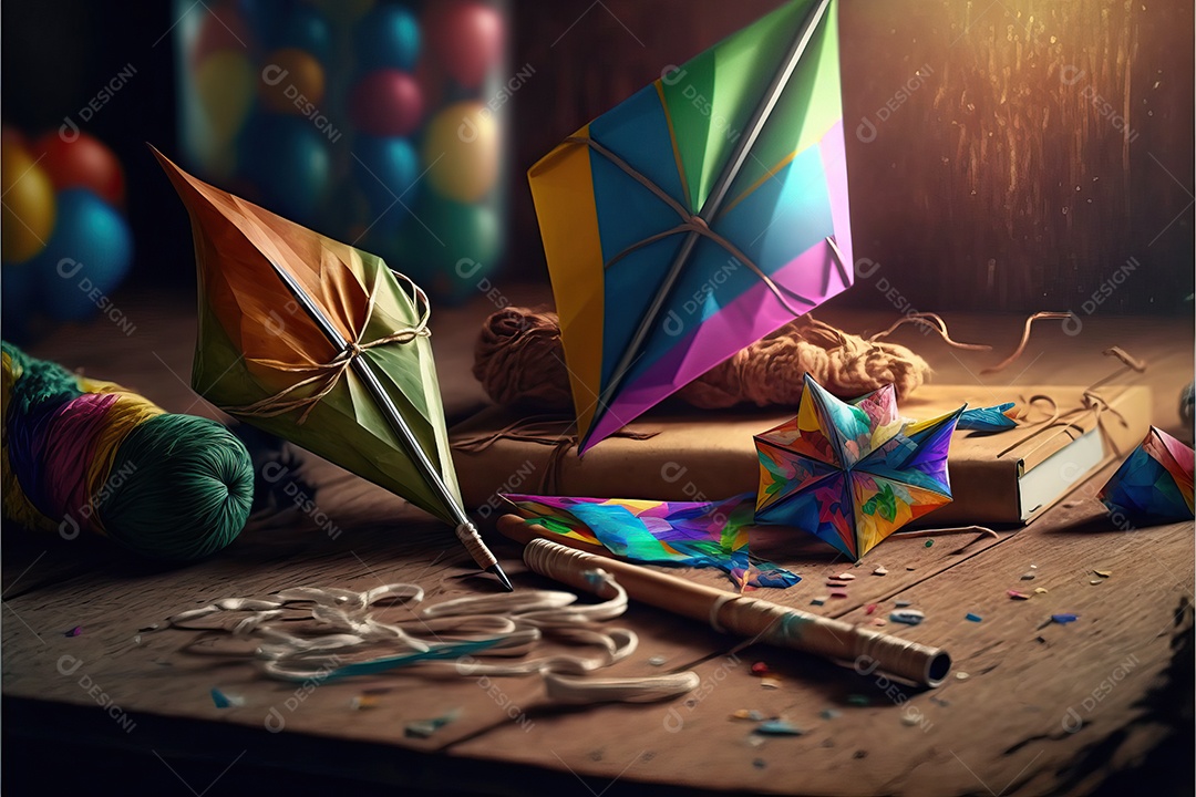 Pipas de balão coloridas em cima da mesa em preparação para a decoração da festa.