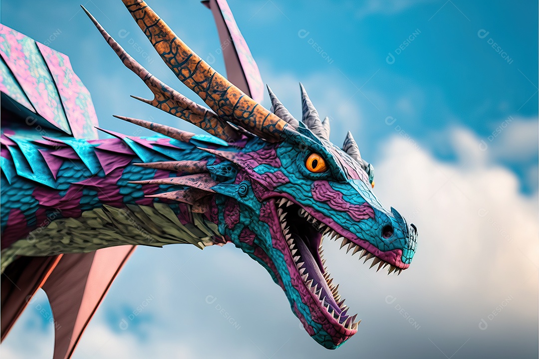 Pipa-dragão voando no céu azul entre nuvens em conceito para o festival internacional de pipas.