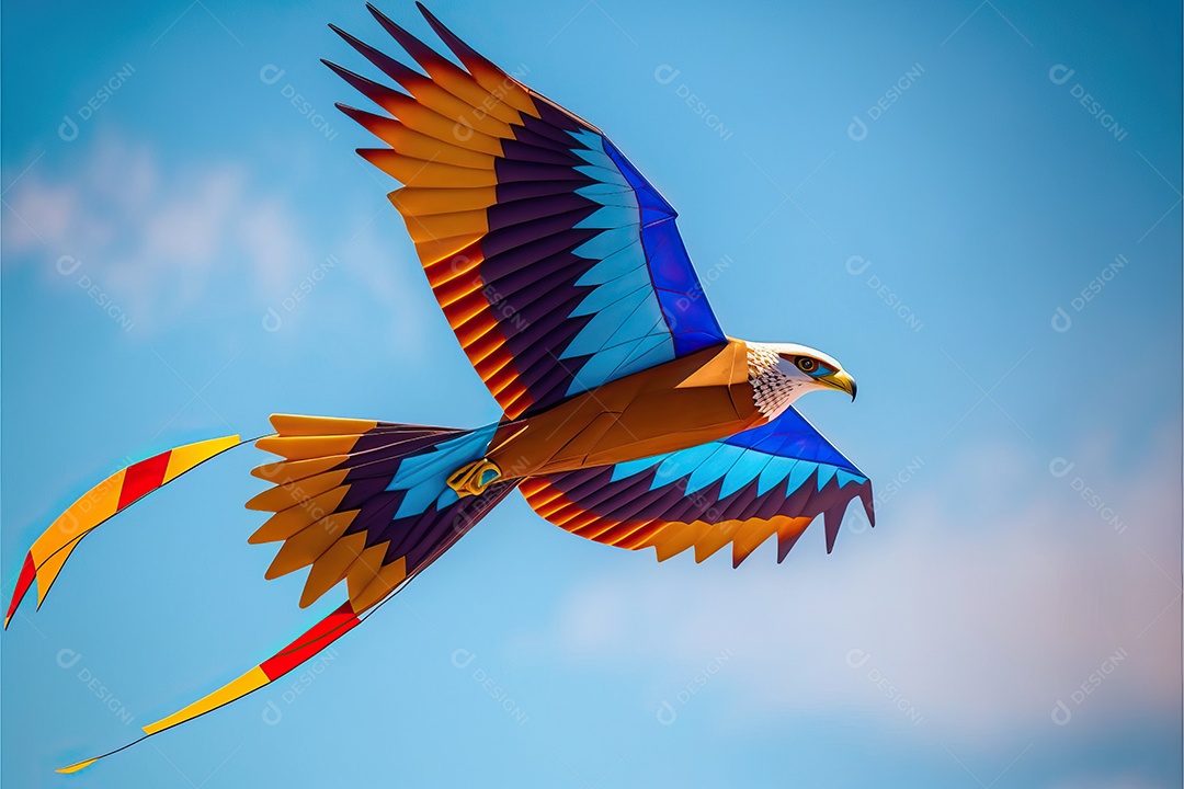 Uma pipa águia voando no céu azul entre nuvens em conceito para o festival internacional de pipas.