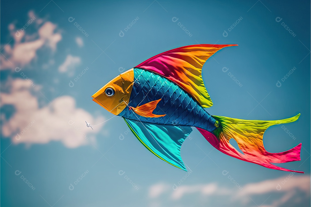 Pipa em forma de peixe voando no céu azul entre nuvens em conceito para o Festival Internacional de Pipas.