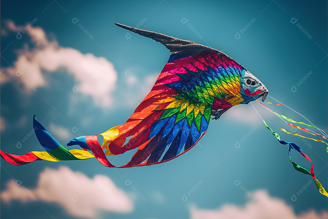 Papagaio-pipa voando no céu azul entre nuvens em conceito para o Festival Internacional de Pipas.