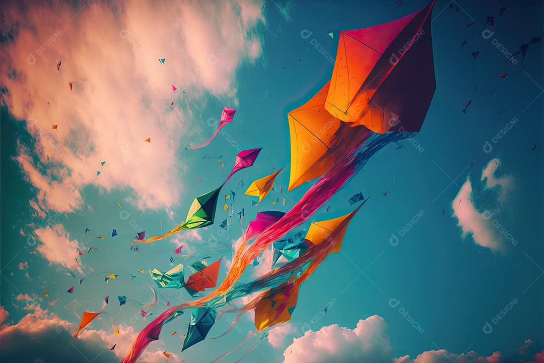 Papagaio-pipa voando no céu azul entre nuvens em conceito para o Festival Internacional de Pipas.