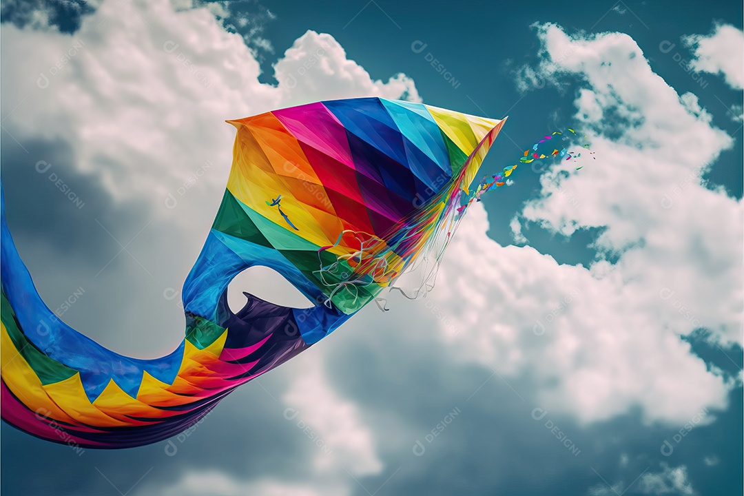 Papagaio-pipa voando no céu azul entre nuvens em conceito para o Festival Internacional de Pipas.