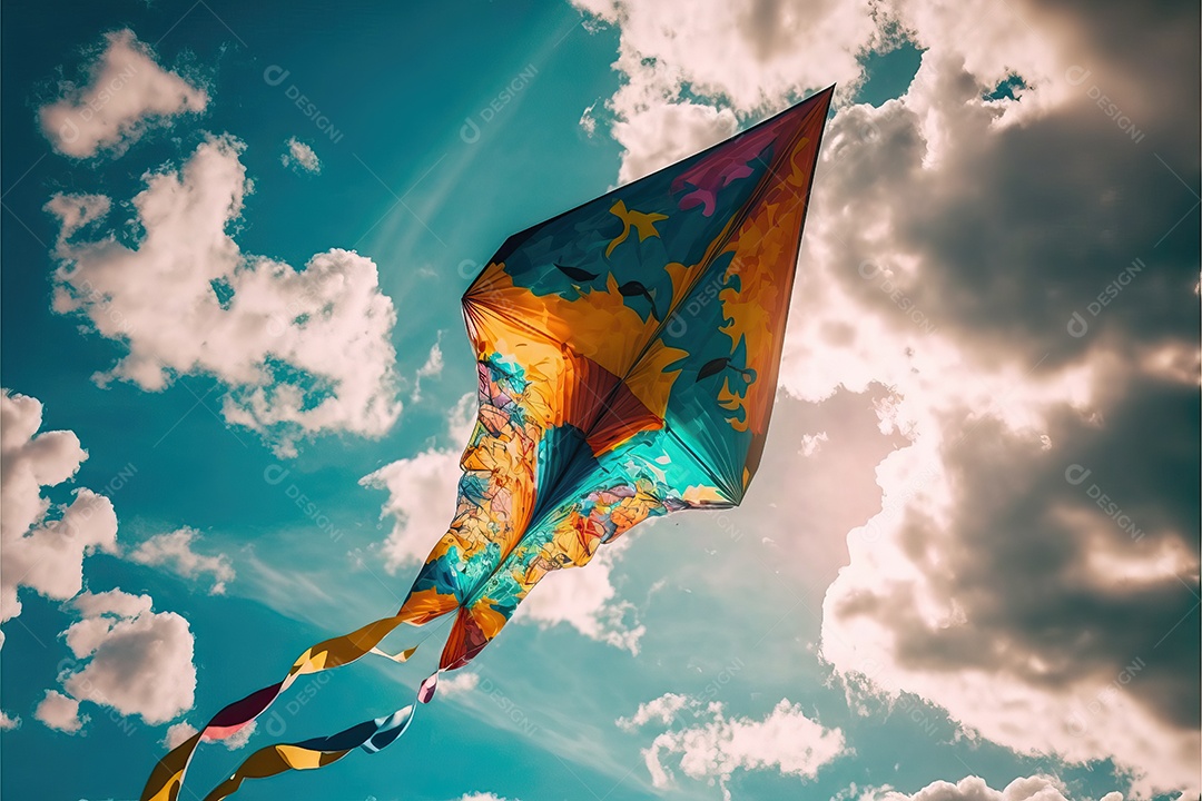 Papagaio-pipa voando no céu azul entre nuvens em conceito para o Festival Internacional de Pipas.