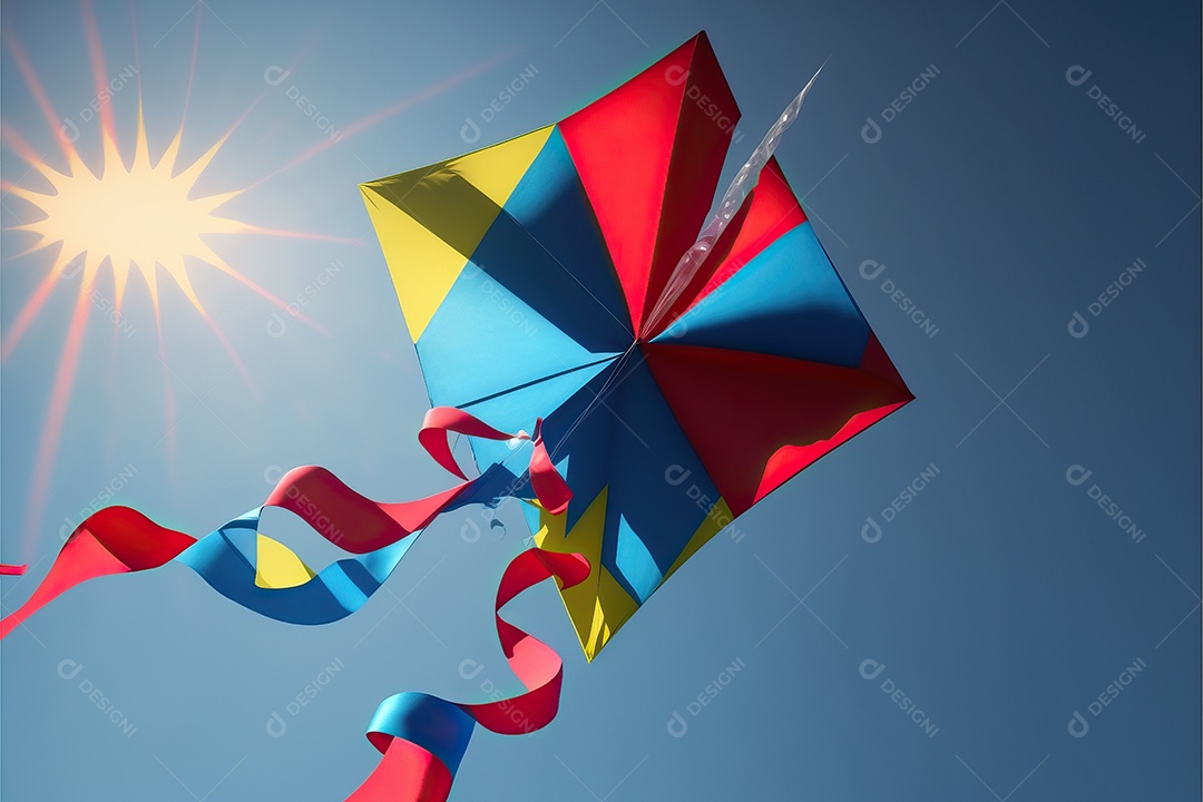 Papagaio-pipa voando no céu azul entre nuvens em conceito para o Festival Internacional de Pipas.