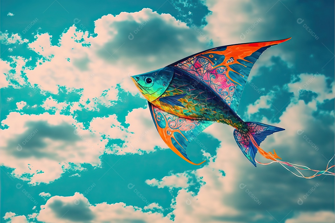 Pipa em forma de peixe voando no céu azul entre nuvens em conceito para o Festival Internacional de Pipas.