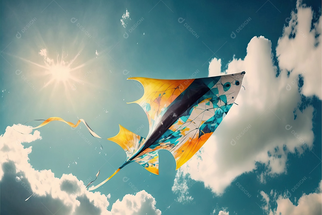 Pipa em forma de peixe voando no céu azul entre nuvens em conceito para o Festival Internacional de Pipas.