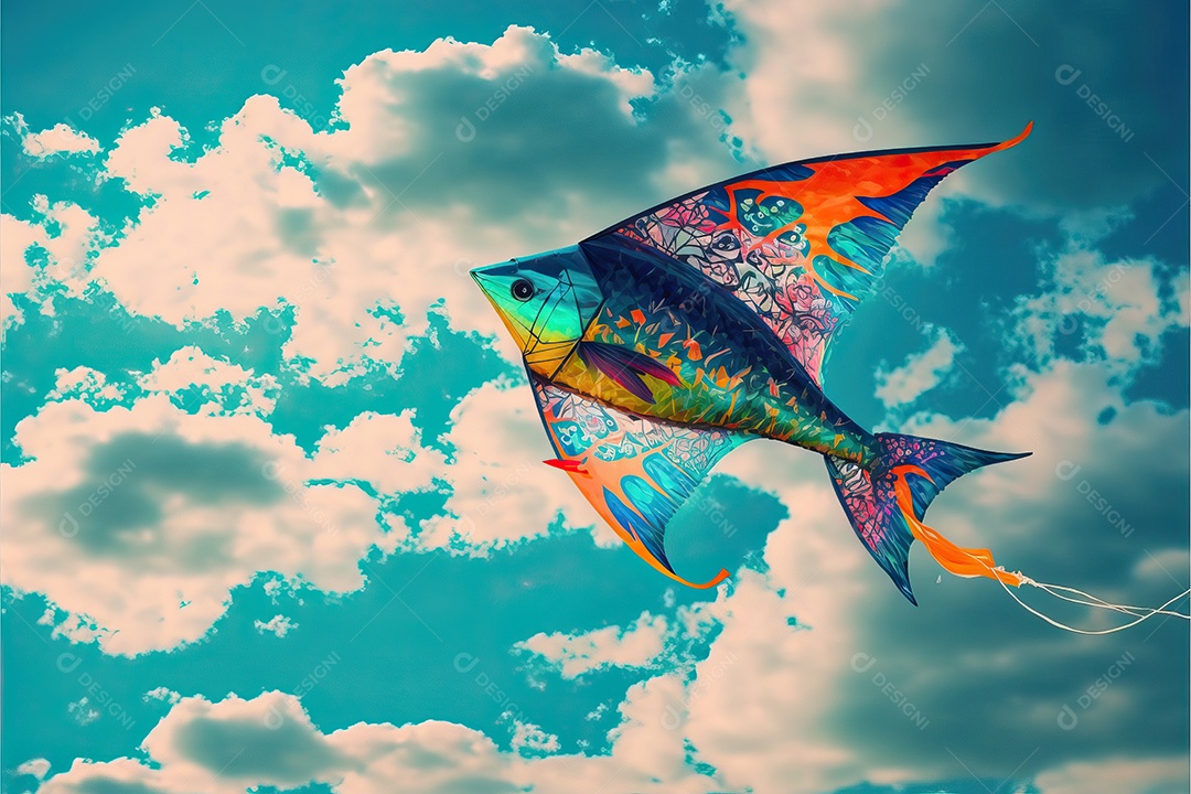 Pipa em forma de peixe voando no céu azul entre nuvens em conceito para o Festival Internacional de Pipas.