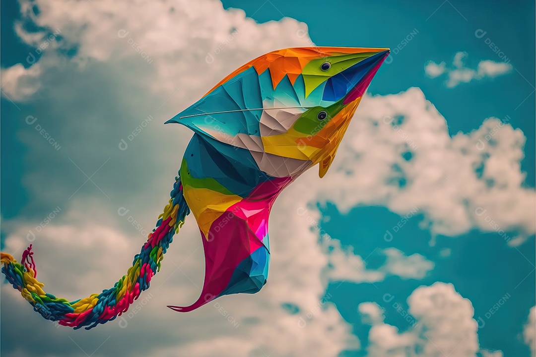 Pipa-dragão voando no céu azul entre nuvens em conceito para o festival internacional de pipas.