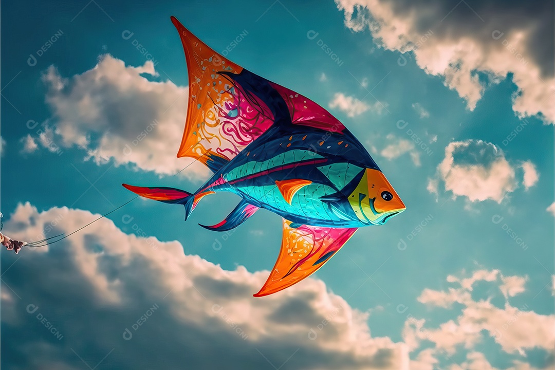 Pipa em forma de peixe voando no céu azul entre nuvens em conceito para o Festival Internacional de Pipas.