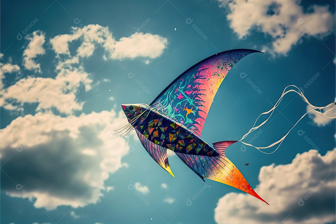 Pipa em forma de peixe voando no céu azul entre nuvens em conceito para o Festival Internacional de Pipas.