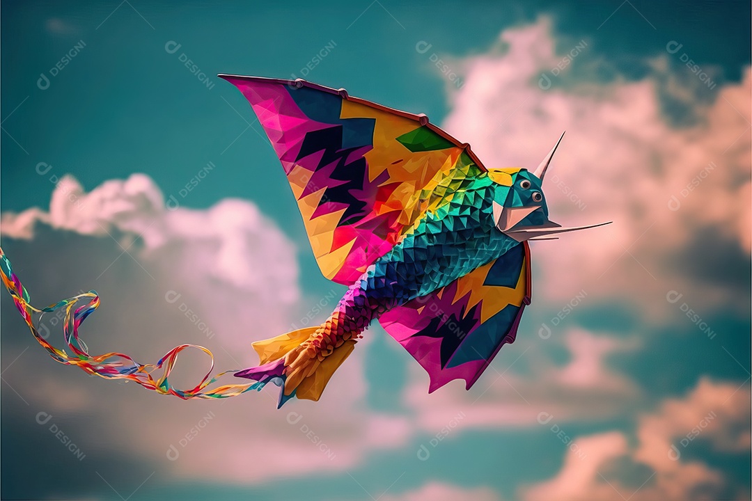 Pipa em forma de morcego voando no céu azul entre as nuvens em conceito para o Festival Internacional de Pipas.