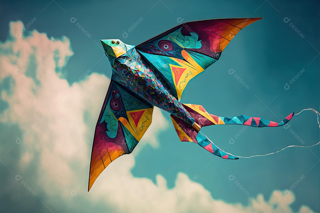 Pipa em forma de peixe voando no céu azul entre nuvens em conceito para o Festival Internacional de Pipas.