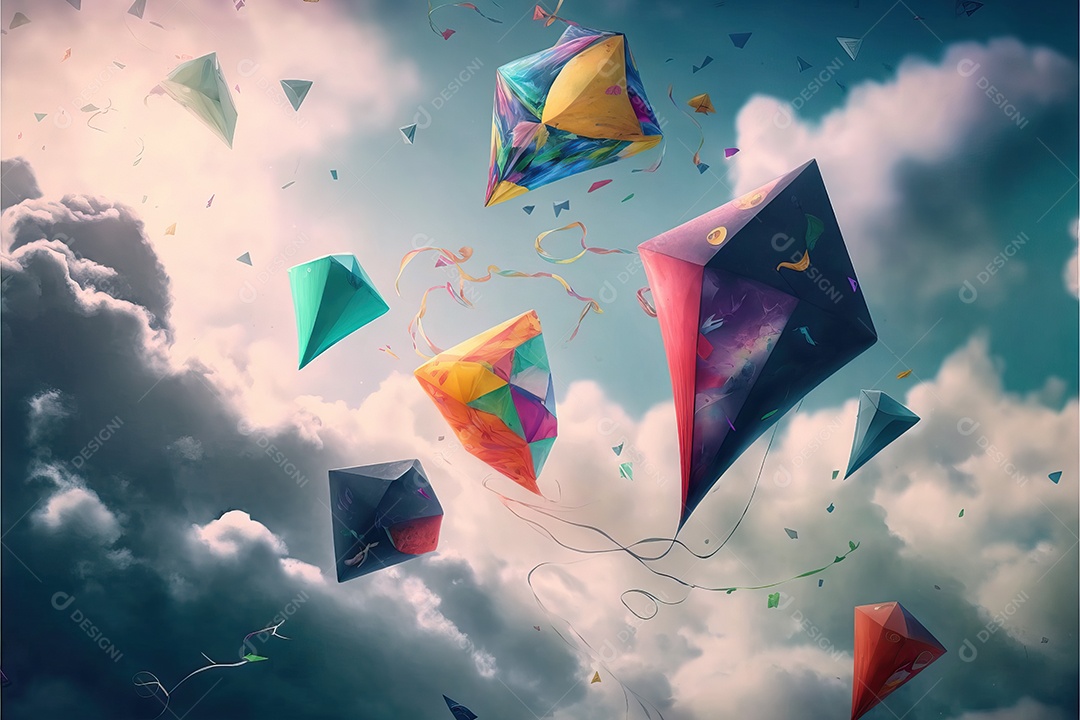 Papagaio-pipa voando no céu azul entre nuvens em conceito para o Festival Internacional de Pipas.