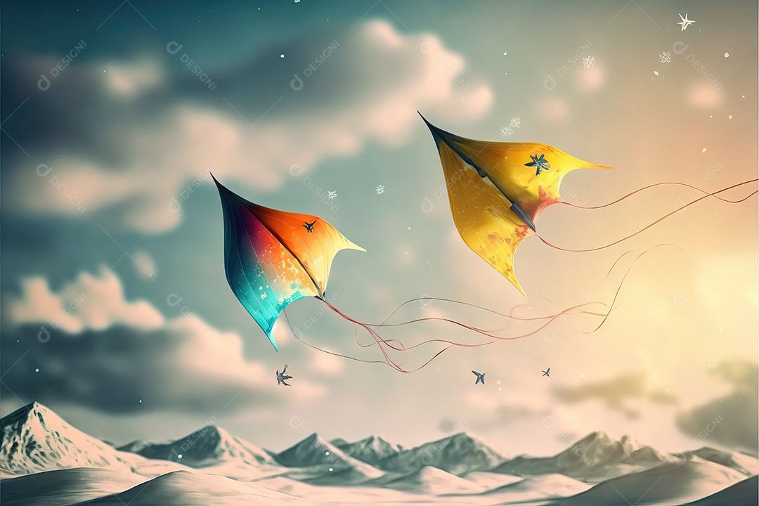 Vários tipos de pipas voando no céu azul entre nuvens em conceito para o festival internacional de pipas.