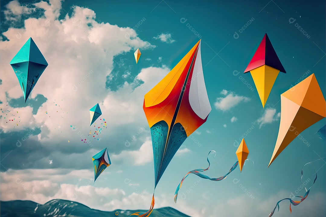 Vários tipos de pipas voando no céu azul entre nuvens em conceito para o festival internacional de pipas.