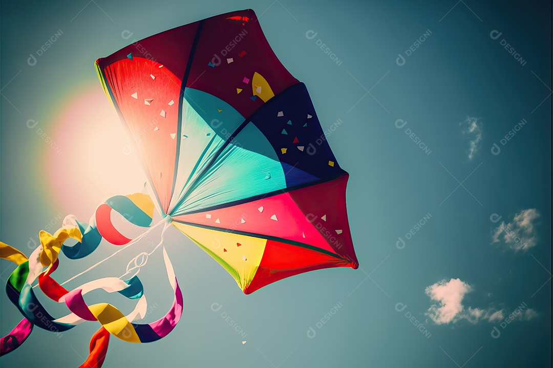 Papagaio-pipa voando no céu azul entre nuvens em conceito para o Festival Internacional de Pipas.