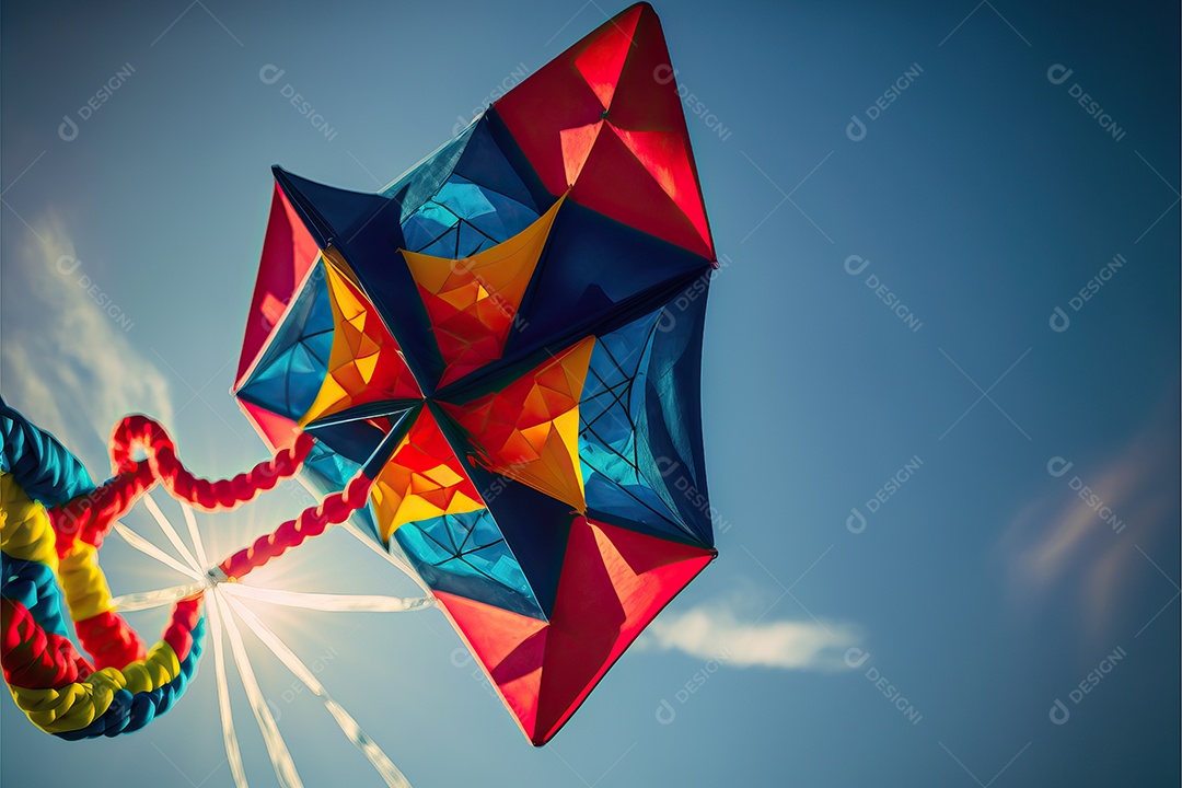 Papagaio-pipa voando no céu azul entre nuvens em conceito para o Festival Internacional de Pipas.