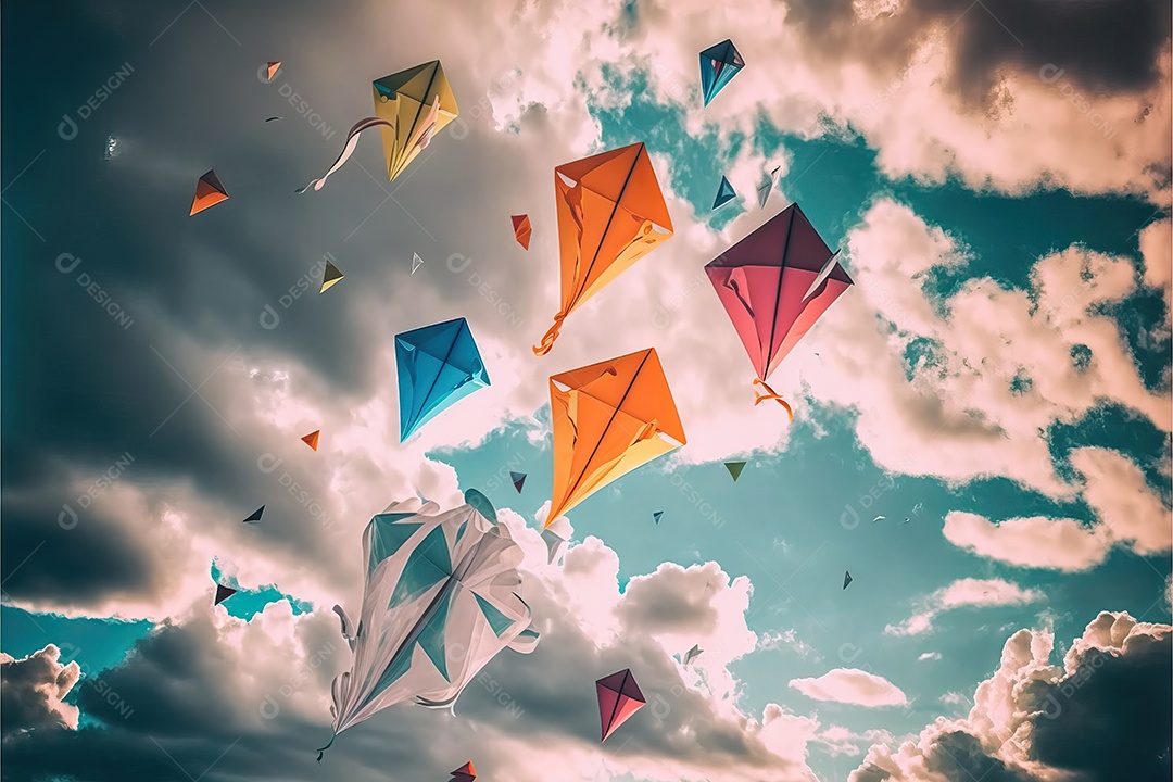 Papagaio-pipa voando no céu azul entre nuvens em conceito para o Festival Internacional de Pipas.