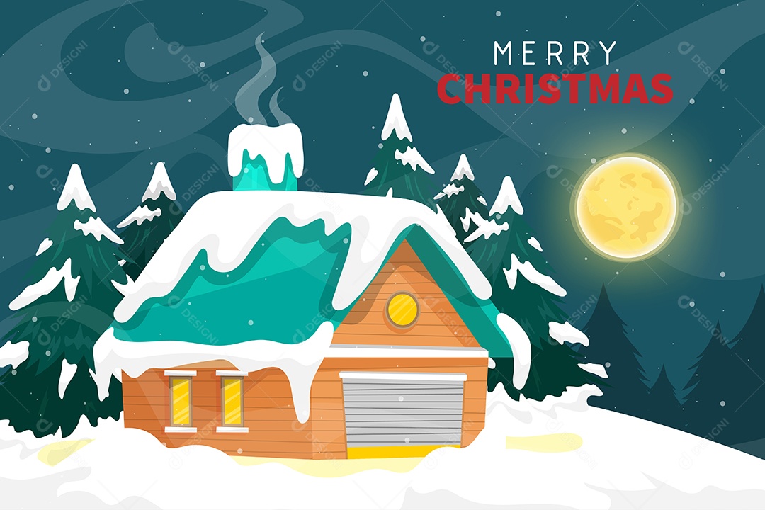 Casa de Campo na Neve em Um Natal de Lua Cheia Vetor EPS