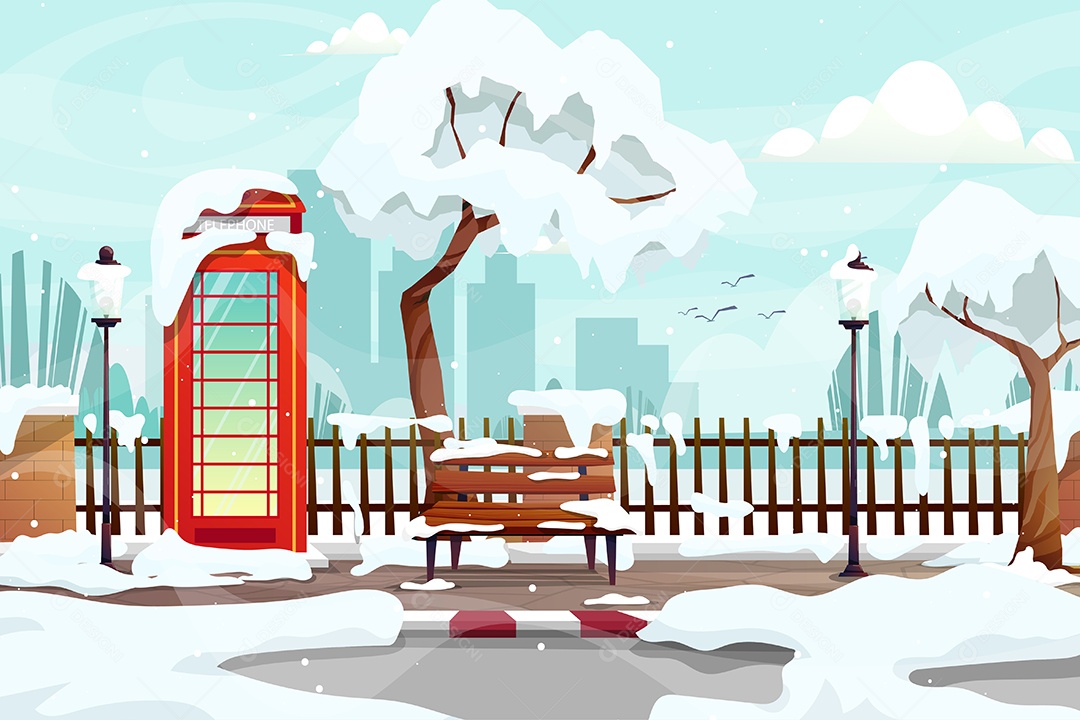 Parque Natural ao Ar Livre na Cidade Coberto de Neve no Inverno Vetor EPS