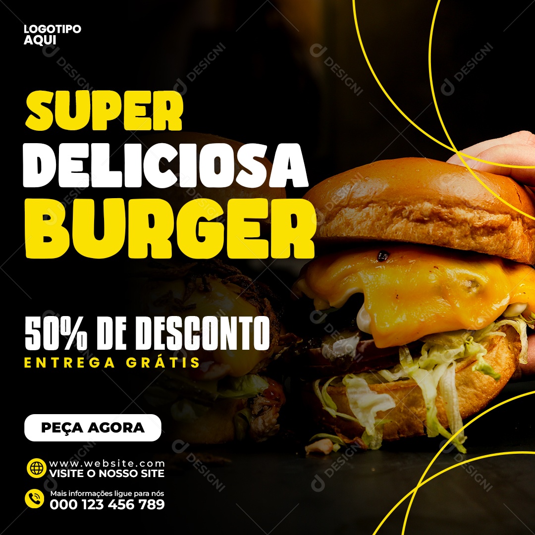 Super Delicioso Burguer 50% de Desconto Entrega Grátis Social Media PSD Editável