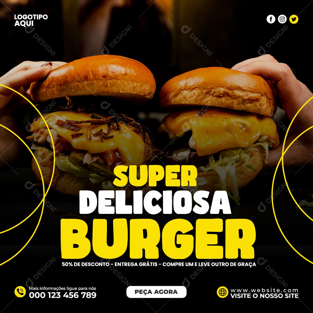 Super Delicioso Burguer 50% de Desconto Entrega Grátis Social Media PSD Editável