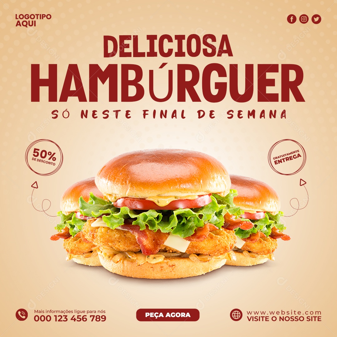 Delicioso Hambúrguer Só Neste Final de Semana 50% de Desconto Peça Agora Social Media PSD Editável