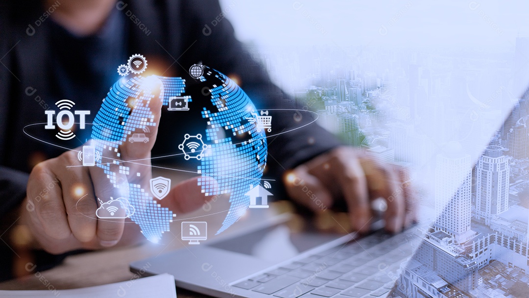 Interface de tela virtual IOT. Internet das Coisas ou conceito de tecnologia IOT, com ícones típicos de IoT