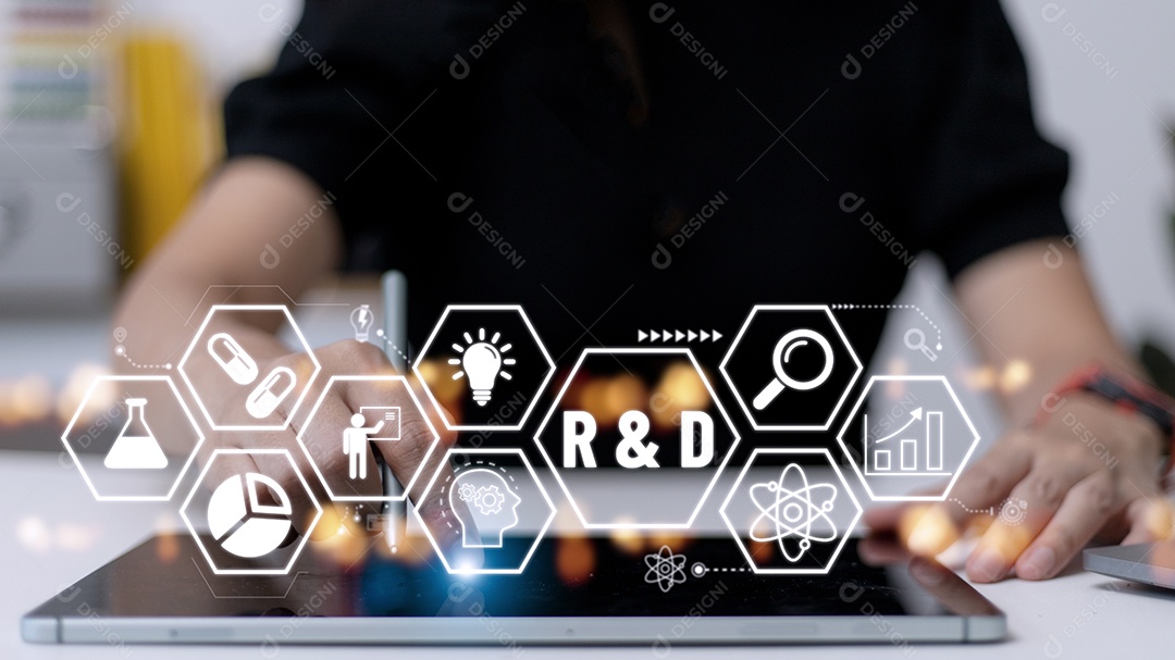 Businessman touched the red and d sign. Icon network d business concept word cloud background tag