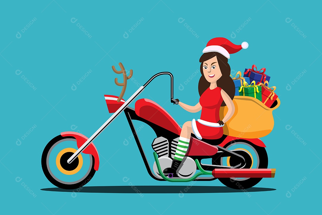 Mamãe Noel dirige uma motocicleta para entregar presentes de Natal Vetor EPS