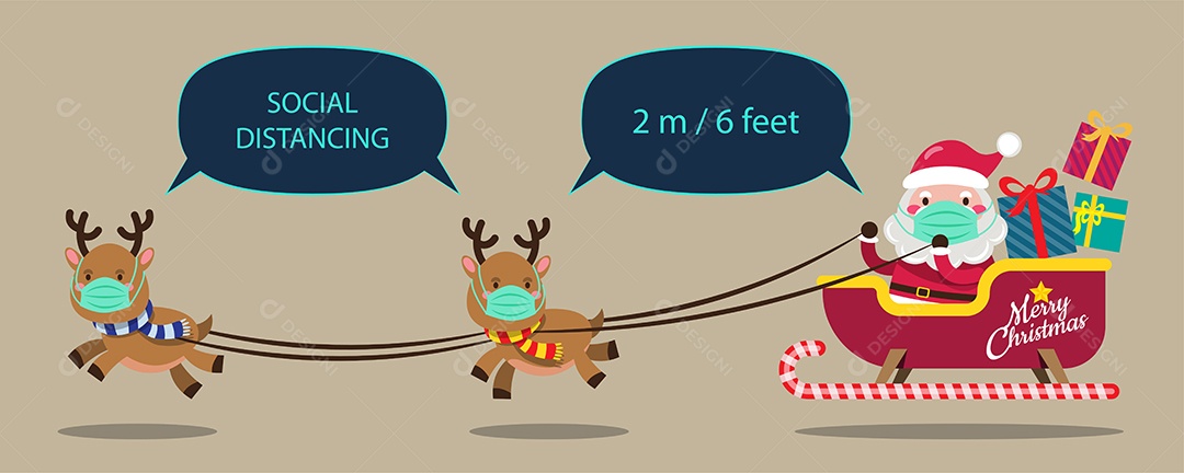 Papai Noel e Renas Usando Máscaras Faciais e Mantendo Distância Vetor EPS