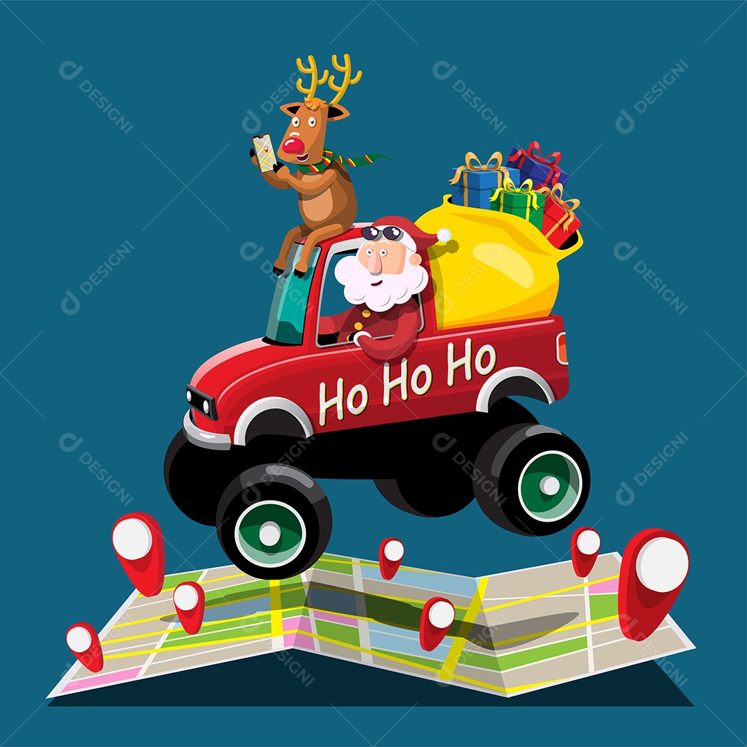 Papai Noel Dirigindo Carro com Renas para Fazer Entregar de Presentes Vetor EPS