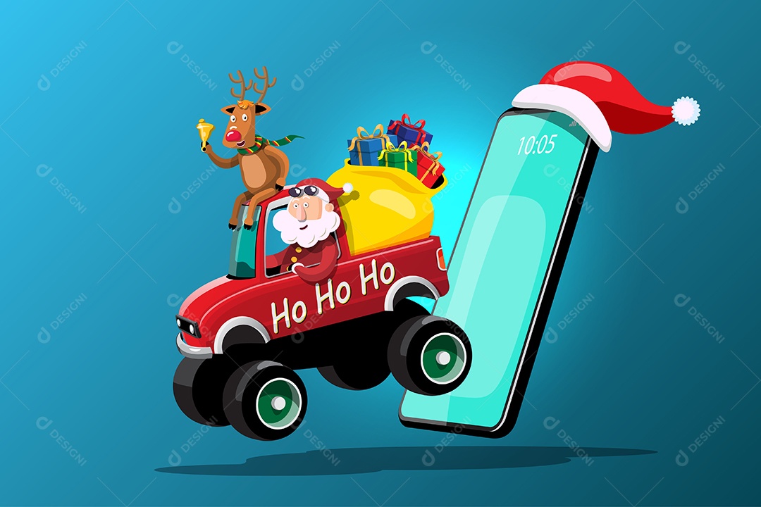 Papai Noel Dirigindo Carro com Renas Vetor EPS