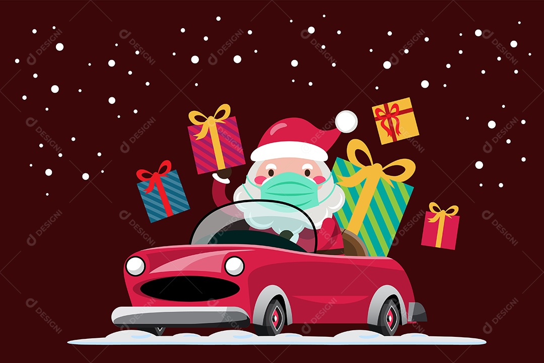 Papai Noel com Máscara Dirigindo Carro com Presentes de Natal Vetor EPS