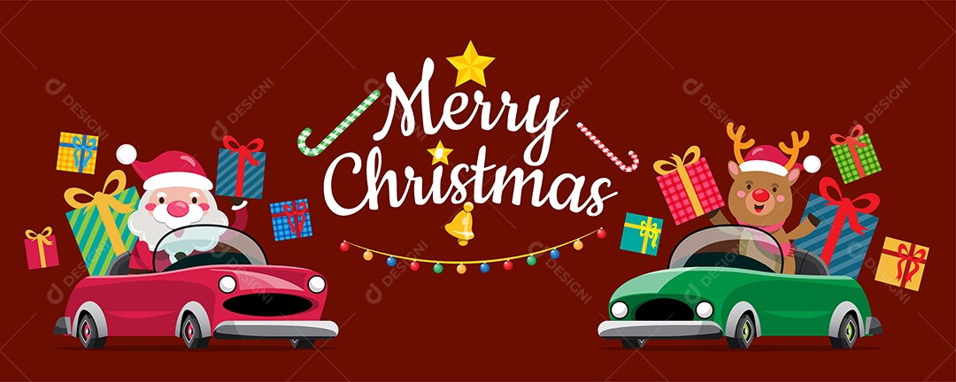 Papai Noel e renas dirigem um Automóvel para entregar Presentes de Natal Vetor EPS