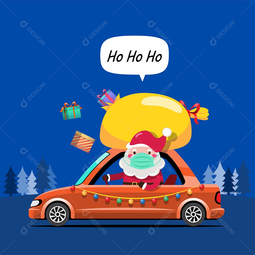 Drawing of Santa Claus with Mask inside Car Vector Illustration EPS