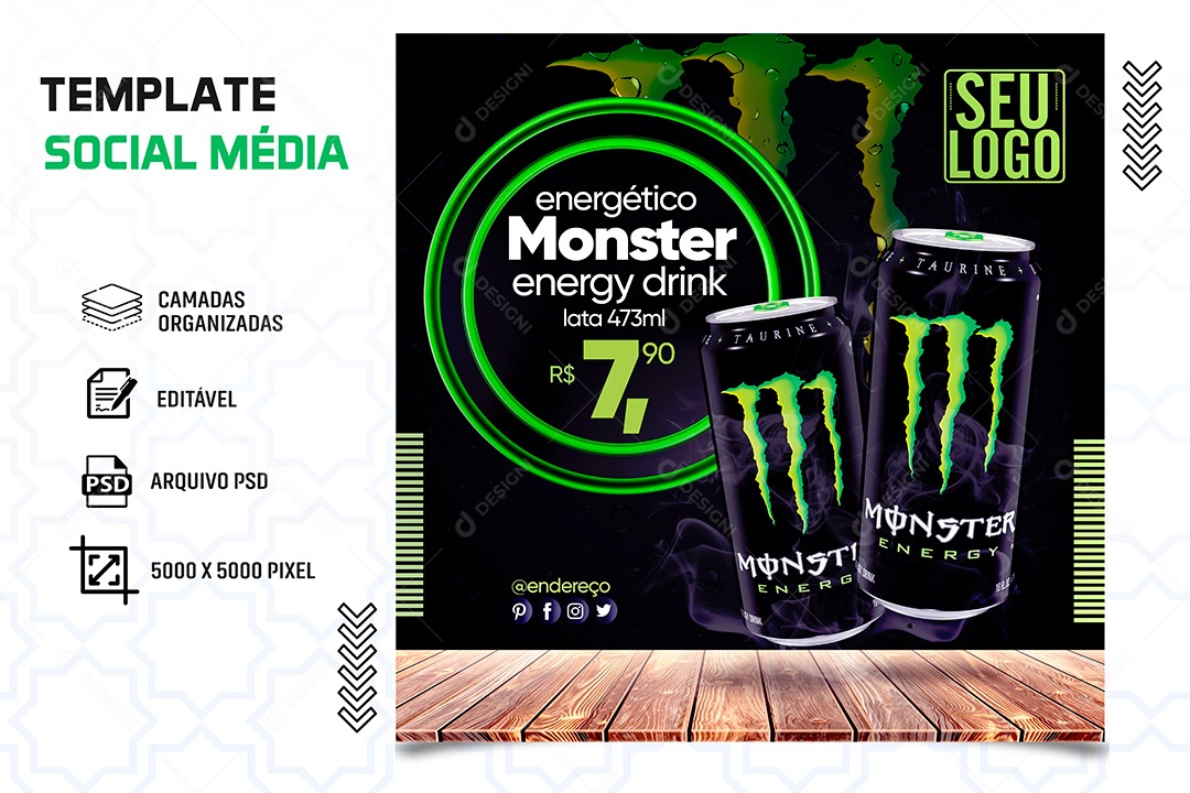 Post Bebidas Energético Monster Energy Drink Social Media PSD Editável