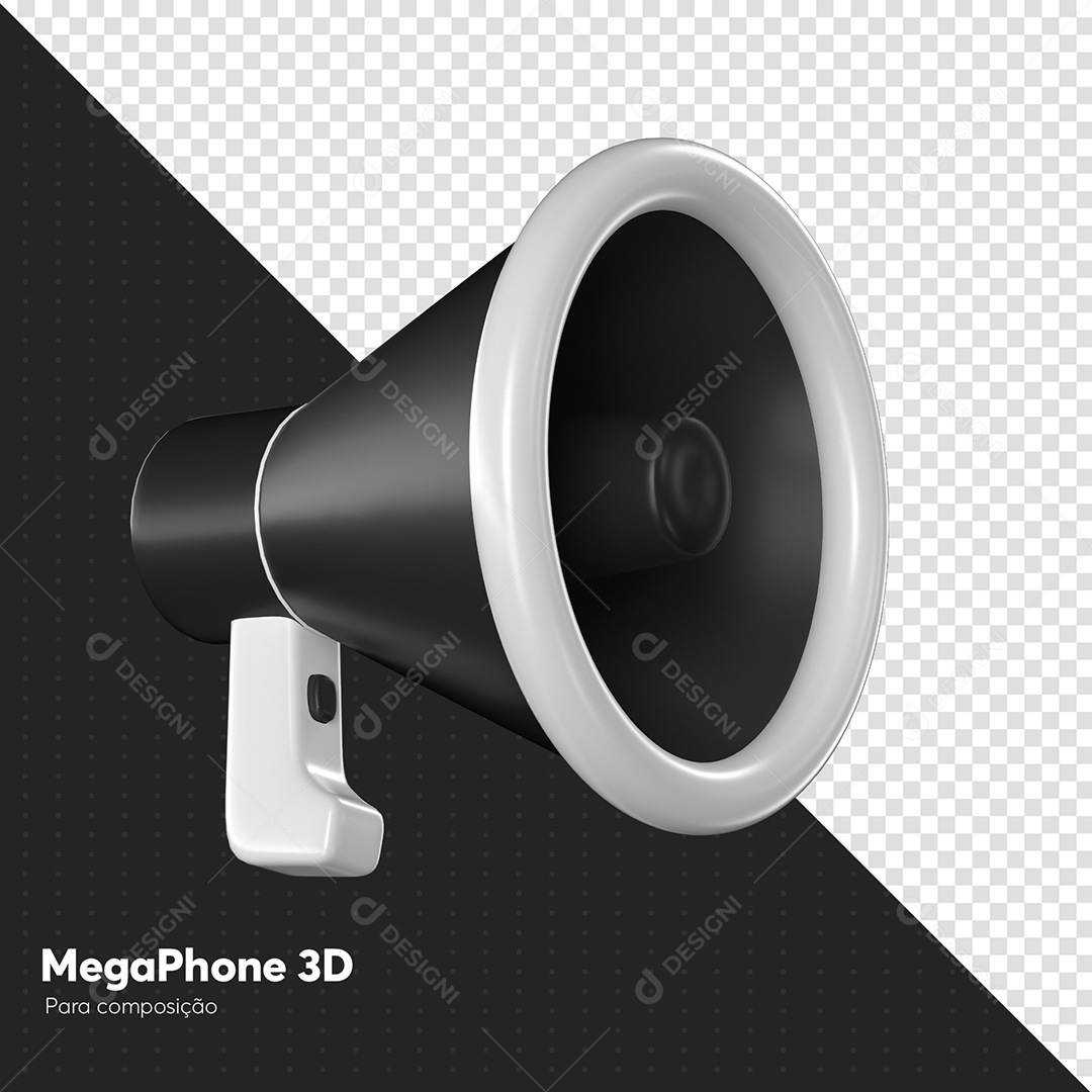 Megafone Preto e Branco Elemento 3D para Composição PSD