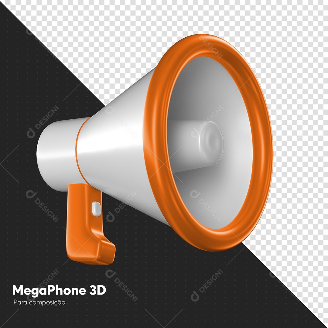 Megafone Branco e Laranjado Elemento 3D para Composição PSD
