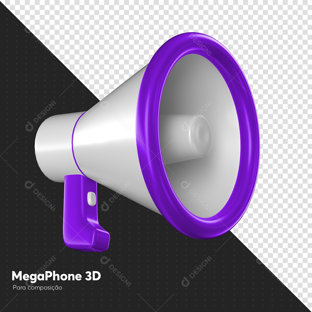 Megafone Branco e Roxo Elemento 3D para Composição PSD